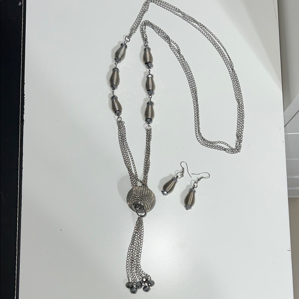 Long Elegant Silver Necklace and Earring Set